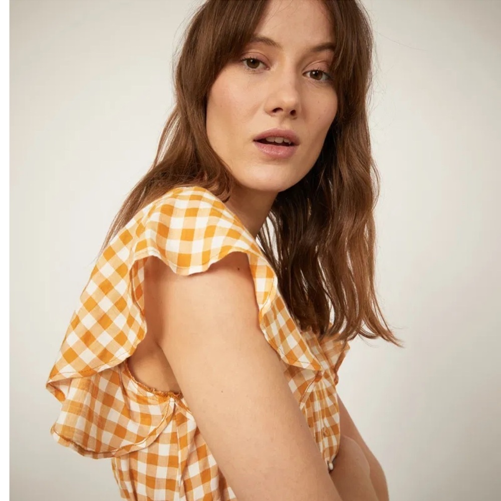 Warehouse Women’s Mustard Yellow Gingham Peplum Hem Top - Picture 5 of 14